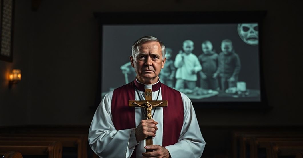 Ksiądz w tradycyjnych szatach kościelnych trzyma krucyfiks przed projekcją z obozu dla dzieci promoującego deprawację