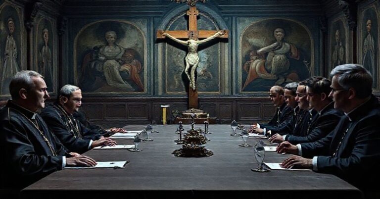 Biskup katolicki w tradycyjnych szatach stoi przed pękniętym krzyżem podczas negocjacji Pokoju między Ukrainą a Stanami Zjednoczonymi.