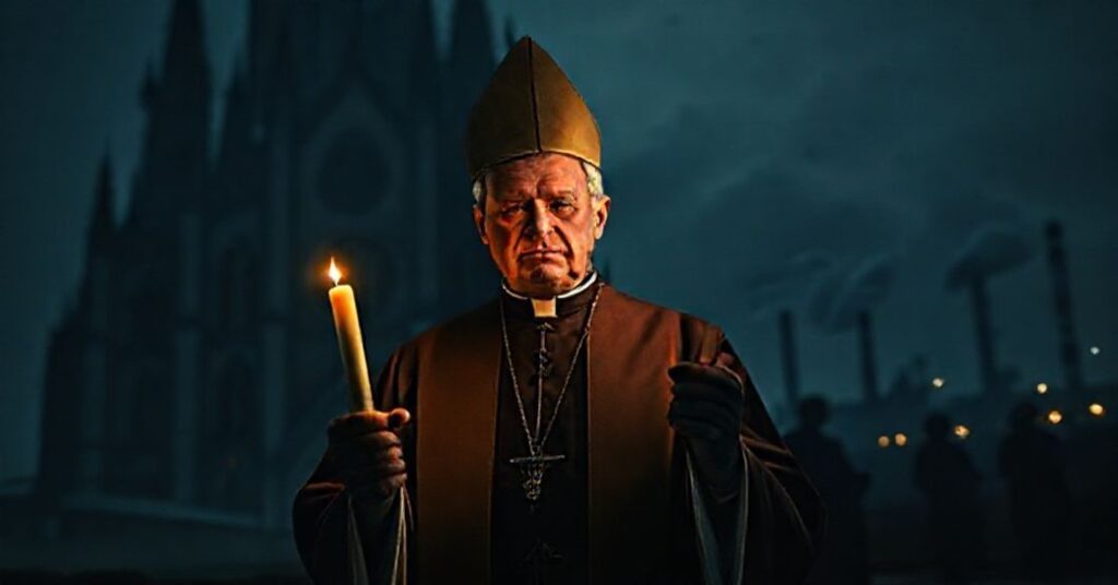 Katolicki ksiądz przed ciemnym kościołem trzymający świecę, symbolizujący upadek moralny polityki.