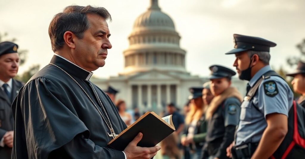 Ks. w stroju liturgicznym stoi przed Kapitolem w Waszyngtonie, trzymając Biblię i patrzy na grupę turystów poddawanych kontrolom przez urzędników imigracyjnych.