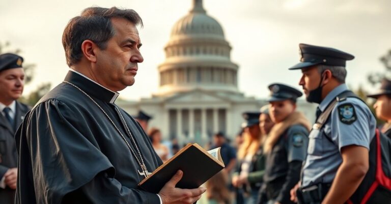 Ks. w stroju liturgicznym stoi przed Kapitolem w Waszyngtonie, trzymając Biblię i patrzy na grupę turystów poddawanych kontrolom przez urzędników imigracyjnych.