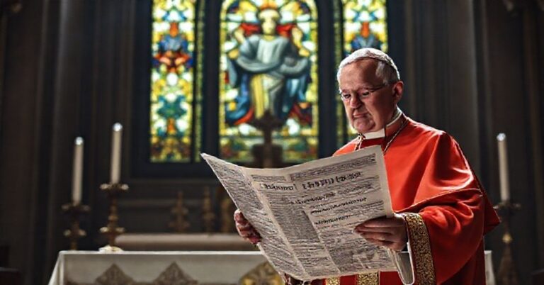 Biskup katolicki w tradycyjnych szatach liturgicznych trzyma Encyklikę Quas Primas przed witrażem przedstawiającym Chrystusa Króla