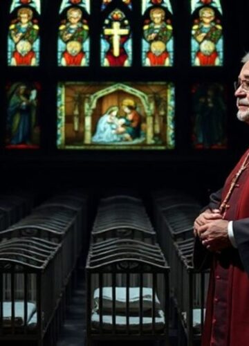 Katolicka krytyka Poprawki Hyde'a: Kompromis z zabójstwem dzieci Poważny katolicki ksiądz w tradycyjnych szatach liturgicznych stoi w ciemnym kościele z różańcem w ręku, patrzący na puste kołyski symbolizujące aborcję. Witraże na tle przedstawiają Narodzenie Jezusa.