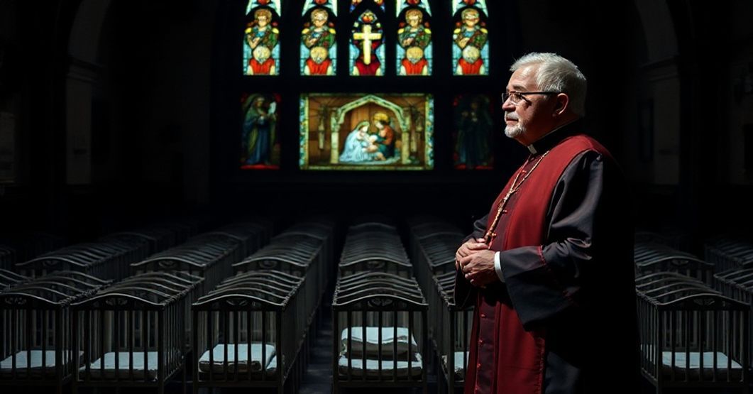 Katolicka krytyka Poprawki Hyde'a: Kompromis z zabójstwem dzieci Poważny katolicki ksiądz w tradycyjnych szatach liturgicznych stoi w ciemnym kościele z różańcem w ręku, patrzący na puste kołyski symbolizujące aborcję. Witraże na tle przedstawiają Narodzenie Jezusa.