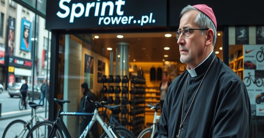 Mężczyzna w tradycyjnym stroju katolickim stoi przed sklepem z rowerami, wyrażając niezadowolenie z wyboru rowerów gravel, MTB i cross.