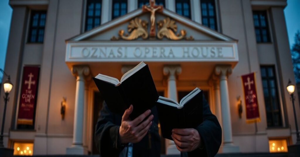 Poznańska Opera Wielka - tradycyjny katolik w modlitwie przed nowoczesną fasadą teatru