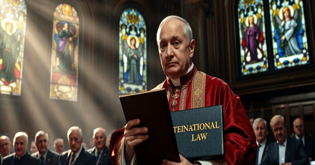 Biskup katolicki w tradycyjnym stroju liturgicznym trzymający księgę z napisem 'Prawo międzynarodowe' w katedrze przed przedstawicielami światowego systemu prawnego