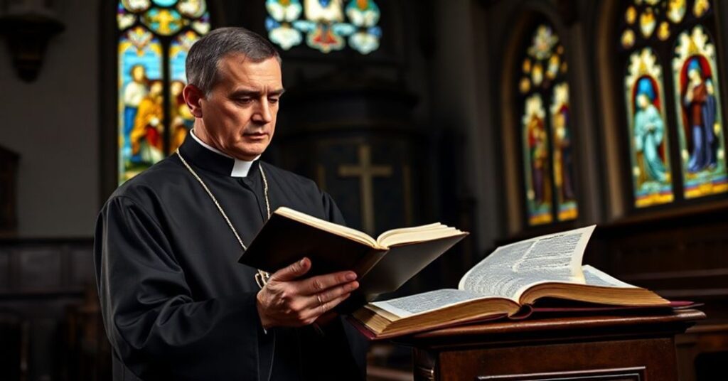 Tradycyjny kapłan w ornacie stoi przed amboną z Biblią i nowoczesną księgą psychologizująca Psalm 146, symbolizując konflikt między tradycją katolicką a współczesną egzegezą.