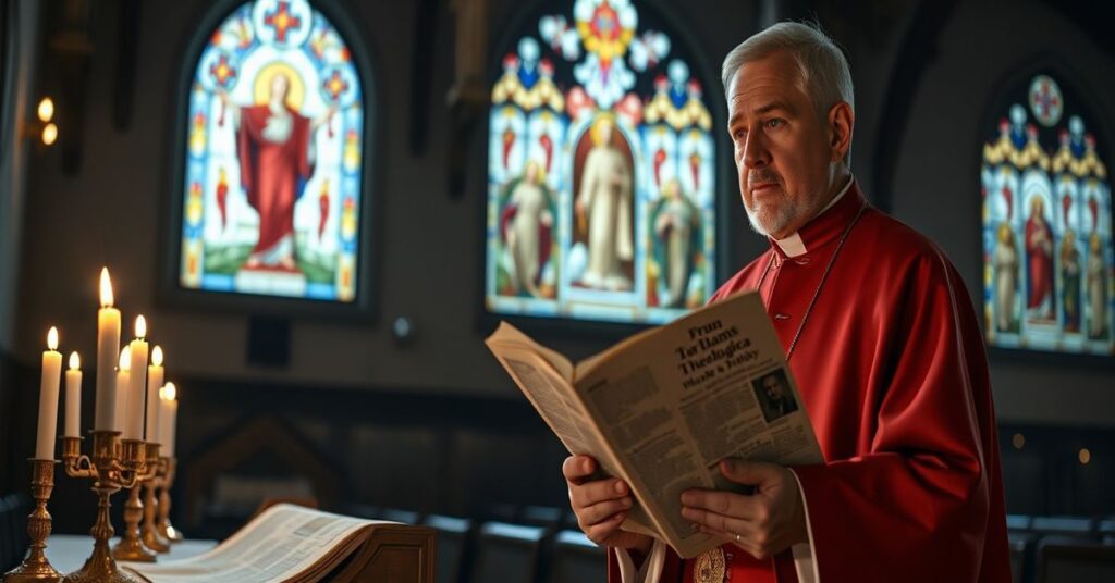 Ksiądz w tradycyjnym stroju liturgicznym trzyma Sumę Teologiczną i patrzy na artykuł o Donaldu Trumpie w świetle świec w kościele.