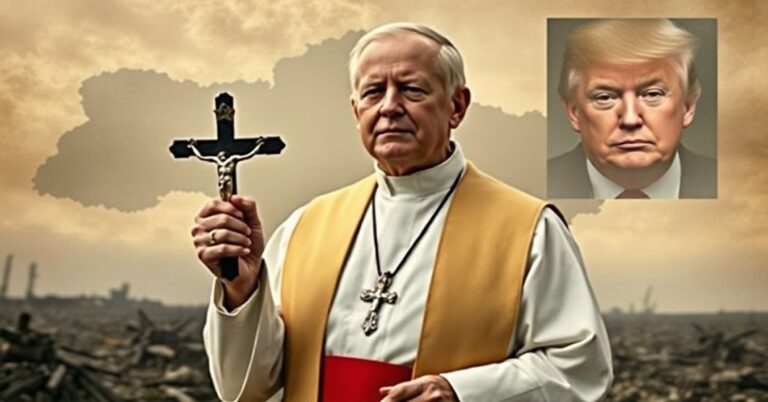 Ksiądz w tradycyjnych szatach liturgicznych trzymający krzyż w zniszczonym krajobrazie Ukrainy, na tle mapy z okupowanymi przez Rosję terenami i wyblakłym portretem Donalda Trumpa.