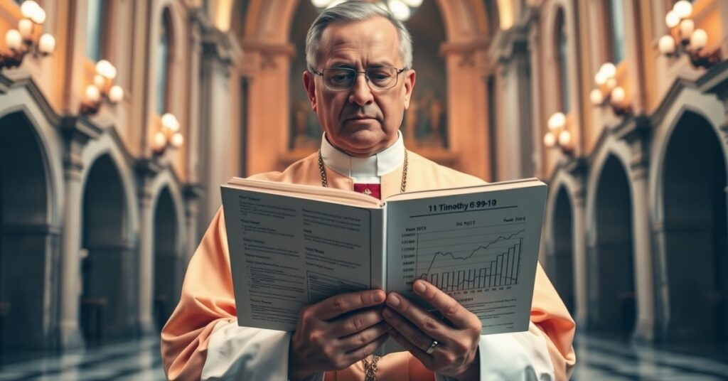 Ksiądz w tradycyjnych szatach liturgicznych przed wykresami inwestycji REIT-y, trzymając Biblię otwartą na 1 Tm 6,9-10. Kontrast duchowości i materializmu.