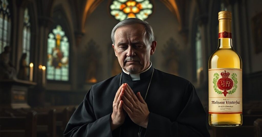 Mężczyzna w tradycyjnym stroju modli się w ciemnej kościele z widokiem na nowoczesną reklamę Melisany Klosterfrau