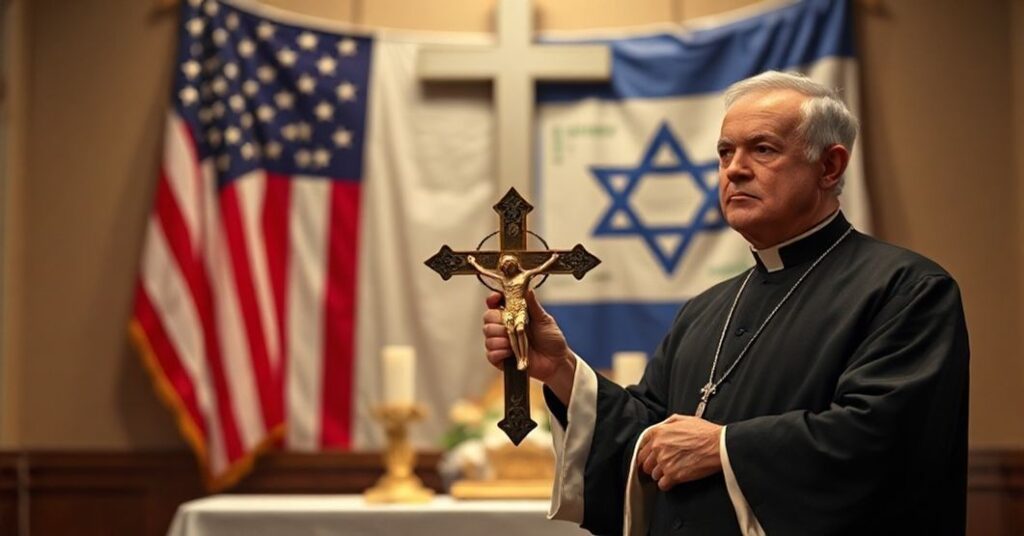 Ksiądz w tradycyjnych szatach kościelnych modli się przed ołtarzem, symbolizując upadek moralny Zachodu i zależność Stanów Zjednoczonych od Izraela.