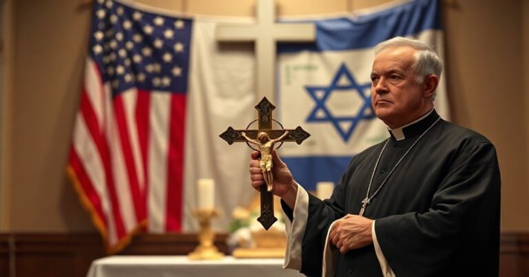 Ksiądz w tradycyjnych szatach kościelnych modli się przed ołtarzem, symbolizując upadek moralny Zachodu i zależność Stanów Zjednoczonych od Izraela.