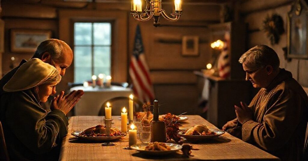Rodzina katolicka modli się przed posiłkiem w tradycyjnej kuchni polskiej, kontrastując z pogańskim charakterem amerykańskiego Święta Dziękczynienia.