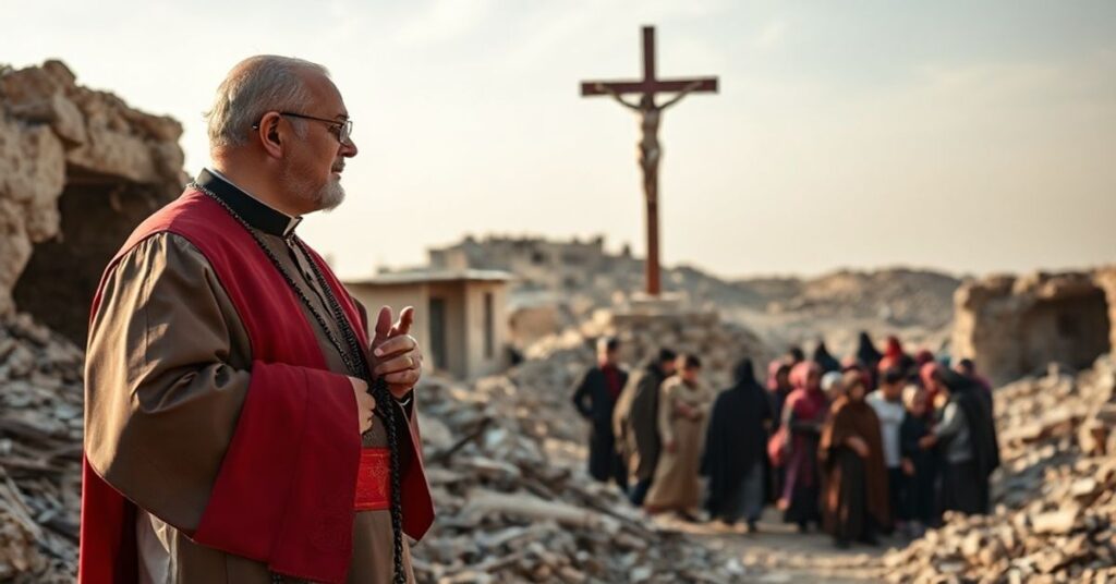 Ksiądz katolicki w tradycyjnych szatach liturgicznych stoi w ruinach syryjskiej wioski w Daraa, trzymając różaniec i patrząc z współczuciem na grupę uchodźców. Scena jest oświetlona ciepłym, naturalnym światłem z krzyżem na tle symbolizującym duchowy wymiar prawdziwej miłości bliźniego.