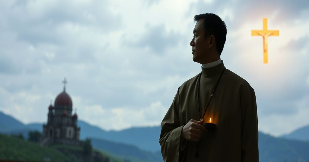 Kapłan katolicki modlący się przed projektem anime Miyazakiego