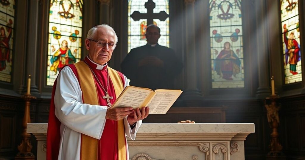 Ks. Paweł Siedlanowski w tradycyjnej sutannie stoi przed ołtarzem z widocznymi fragmentami Pisma Świętego. Uwypuklenie kontrastu między katolickim nauczaniem a nowoczesną polityką migracyjną Szwecji.