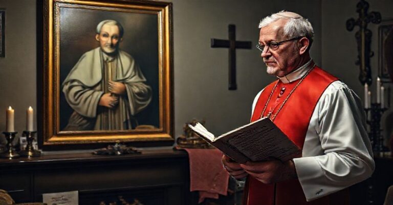 Mężczyzna w tradycyjnym stroju katolickim patrzący z niezgodą na reklamę tatuażu marki Neba przed wizerunkiem Ojca Świętego Piusa X