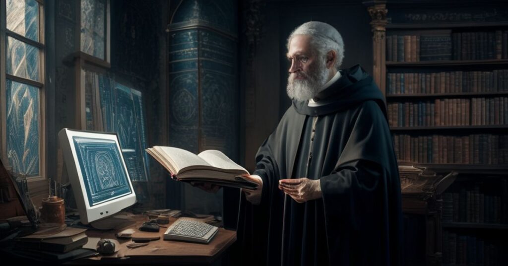 Tradycyjny katolicki teolog w ciemnym gabinecie z antycznymi ksiągami i sztuką kościelną krytykuje technokratyczne wizje sztucznej inteligencji na komputerze.