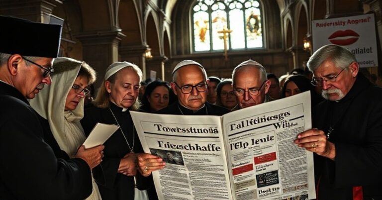 Grupa katolików w tradycyjnym kościele czytając wiadomość o nadaniu statusu organizacji pożytecznej Towarzystwu Wiąż z zaniepokojeniem.