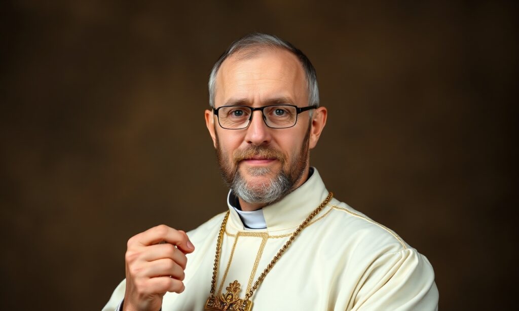 Stary kapłan w tradycyjnym kościele trzymający pergamin z katolickim nauczaniem o naturze płci.