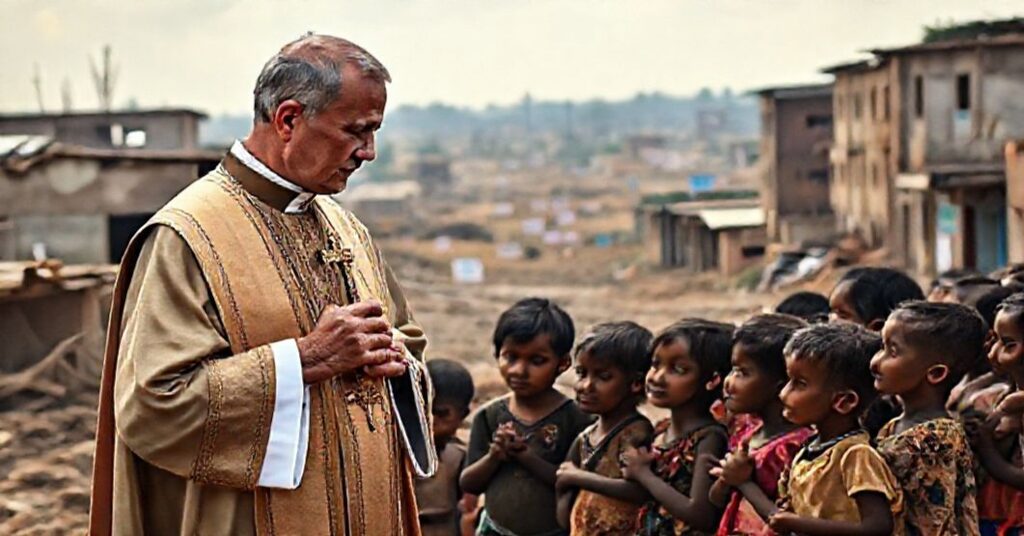 Ksiądz katolicki w tradycyjnych szatach stoi przed biednymi dziećmi w krajach rozwijających się, trzymając kielich z krzyżem.
