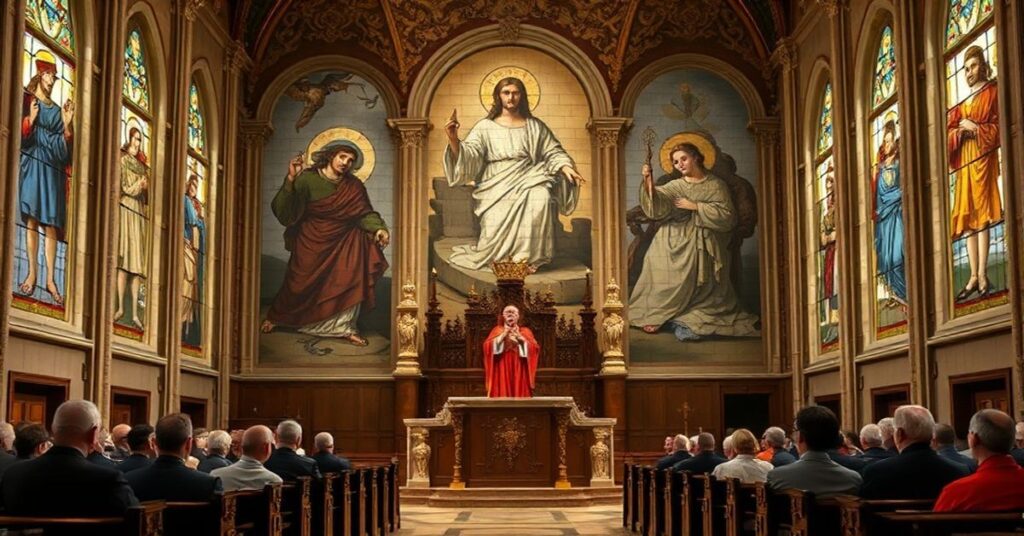 Wnętrze katedry z trzyma „kardynałami” Cupichem, McElroym i Tobinem podczas przemówienia. Późnogotycki fresk Chrystusa Króla jest prawie całkowicie zakryty przez nowoczesne abstrakcyjne malowidła propagujące wartości humanistyczne.