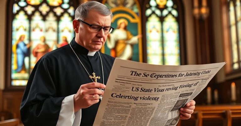 Prawdziwy katolicyzm i moralny kryzys władzy świeckiej: księż w tradycyjnym koście przygląda się do gazety o odwołaniu wiz za celebrowanie gwałtowniści