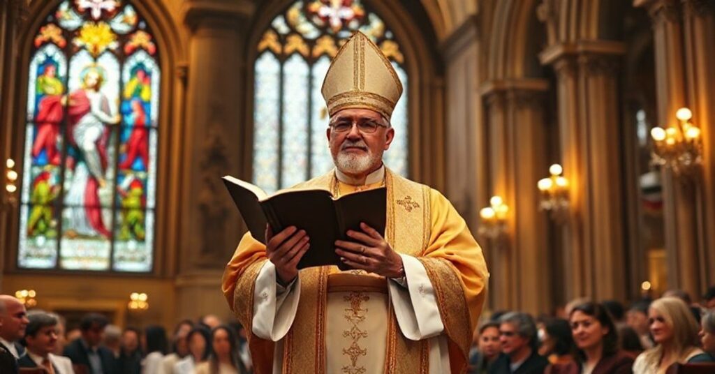 Biskup katolicki w tradycyjnych szatach liturgicznych przemawia do wiernych w katedrze z obrazami Chrystusa Króla na tle. Scena ukazuje J.D. Vance'a i Elona Muska jako symbolizujących nowoczesne zagrożenia dla moralnego porządku cyfrowego.