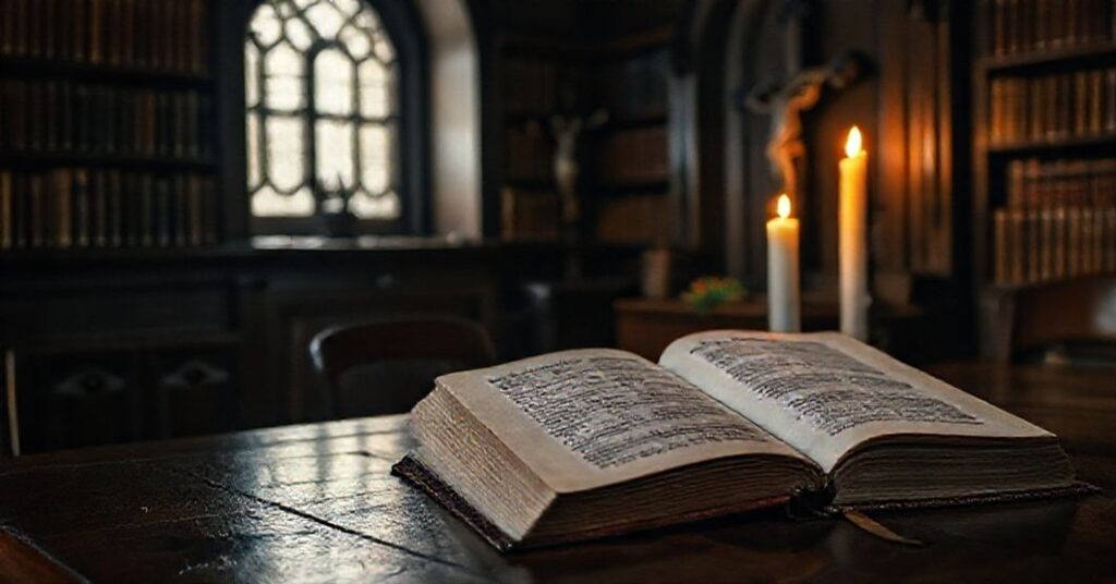 Stary książkowy pokój z krzyżem w tle i książką 'Tylko haj' na stole przy świątle świecy.