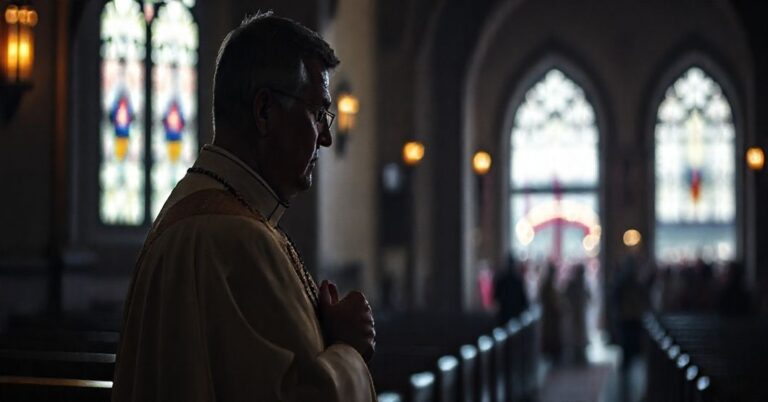 Katolicki kapłan w tradycyjnych szatach liturgicznych patrzy z troską na nowoczesny "marsz świętych", symbolizując kryzys relatywizacji świętości w nowym kościele.