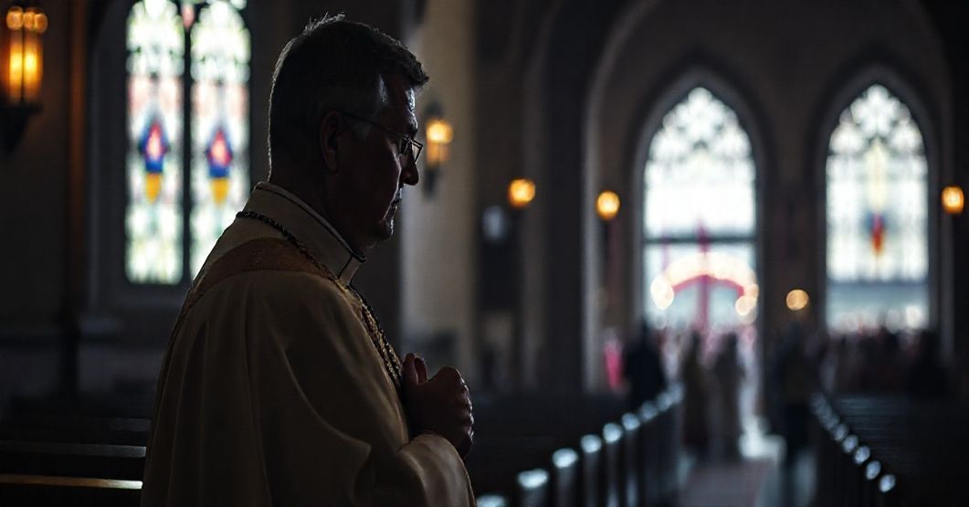 Katolicki kapłan w tradycyjnych szatach liturgicznych patrzy z troską na nowoczesny "marsz świętych", symbolizując kryzys relatywizacji świętości w nowym kościele.