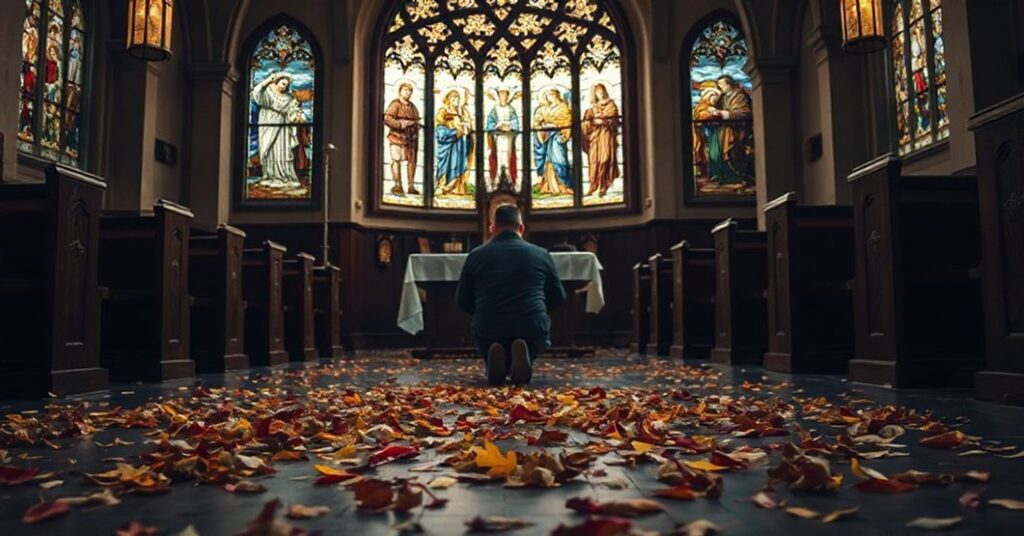 Prawdziwa duchowość: katecheza w kościele z modlącej się osobą i jesiennymi liśćmi symbolizującymi przemijalność ziemskich rzeczy