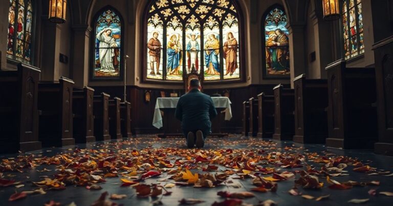 Prawdziwa duchowość: katecheza w kościele z modlącej się osobą i jesiennymi liśćmi symbolizującymi przemijalność ziemskich rzeczy