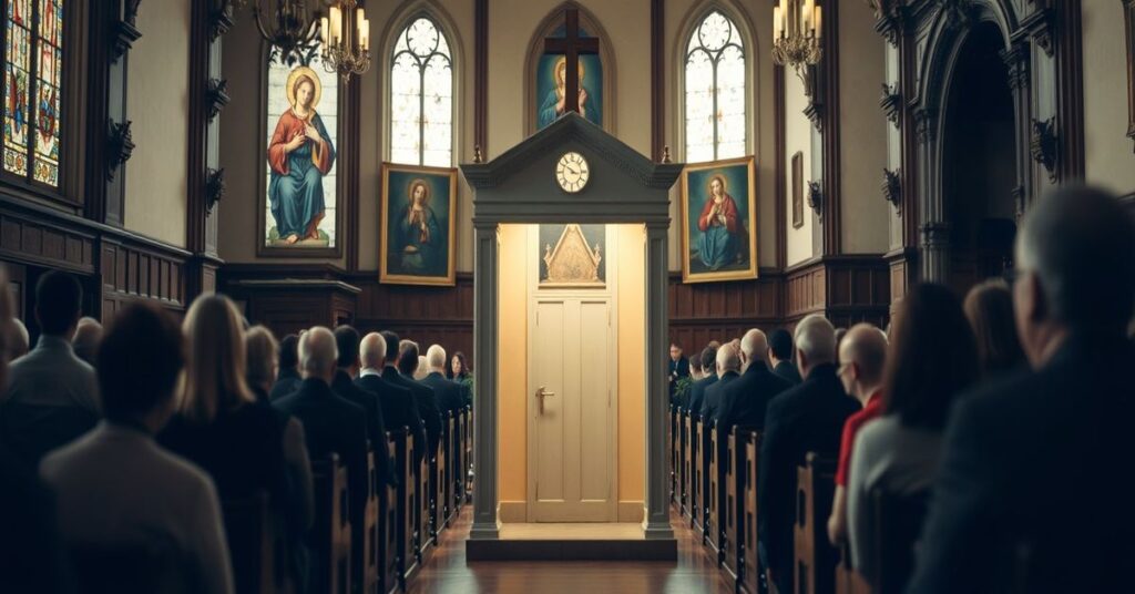 Katedra katolicka z wewnętrznym wnętrzem i pustym konfesjonałem symbolizującym duchową pustkę