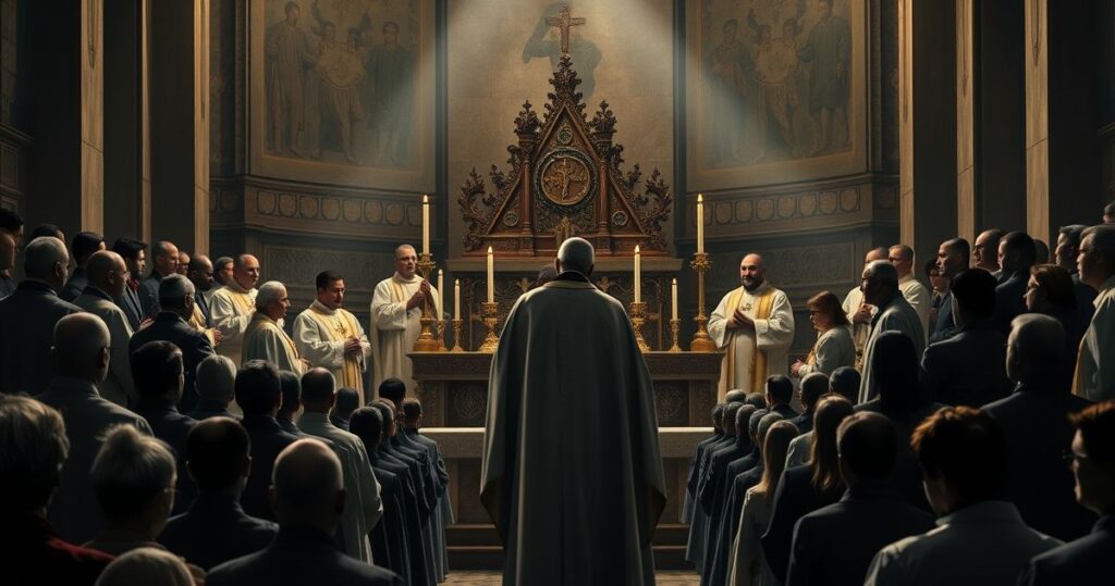 Realistyczny obraz katolickiej liturgii bez ważnych sakramentów, ukazujący duchową pustkę i kontrowersje wokół posoborowych praktyk w kościele.