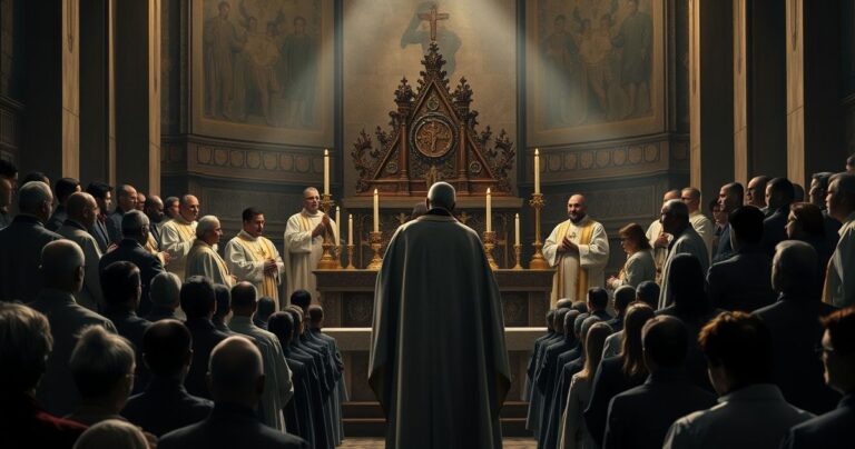 Realistyczny obraz katolickiej liturgii bez ważnych sakramentów, ukazujący duchową pustkę i kontrowersje wokół posoborowych praktyk w kościele.