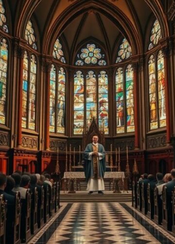 Rewerentna scena liturgii katolickiej w kościele Rewerentna scena w katolickim kościele z kapłanem i wiernymi podczas liturgii, odzwierciedlająca autentyczną wiarę i tradycję.