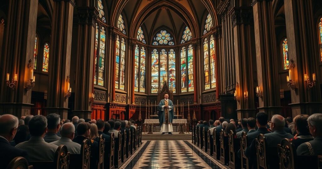 Rewerentna scena w katolickim kościele z kapłanem i wiernymi podczas liturgii, odzwierciedlająca autentyczną wiarę i tradycję.