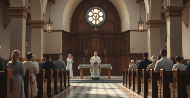 Obraz ukazujący katolicką liturgię w tradycyjnym wnętrzu, z kapłanem i wiernymi w modlitewnej zadumie