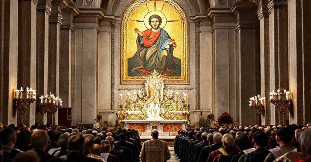 Tradycyjna katolicka liturgia z chórem śpiewającym gregoriański śpiew przed wielkim ołtarzem na Placu św. Piotra w Rzymie.