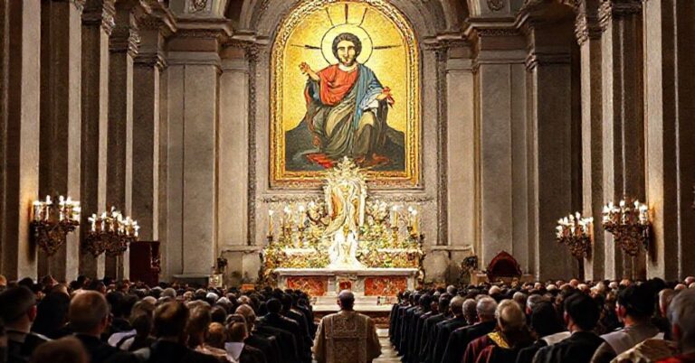 Tradycyjna katolicka liturgia z chórem śpiewającym gregoriański śpiew przed wielkim ołtarzem na Placu św. Piotra w Rzymie.