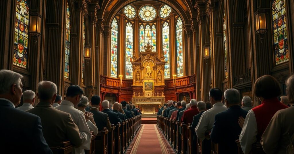Obraz przedstawiający katolicką liturgię w tradycyjnym kościele, ukazujący duchową głębię i powagę, podkreślającą konieczność powrotu do nauki Kościoła w obliczu modernistycznych zagrożeń
