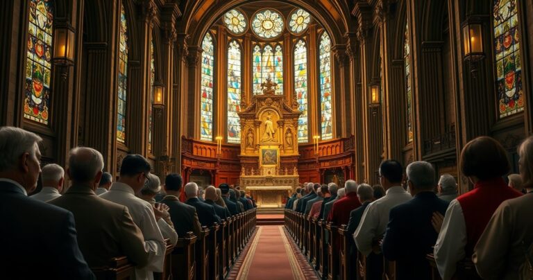 Obraz przedstawiający katolicką liturgię w tradycyjnym kościele, ukazujący duchową głębię i powagę, podkreślającą konieczność powrotu do nauki Kościoła w obliczu modernistycznych zagrożeń
