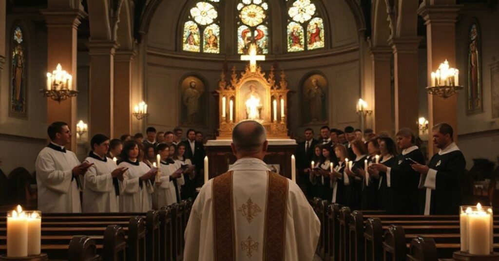 Tradycyjna katolicka liturgia z pełnymi honorami wobec Najświętszego Sakramentu.