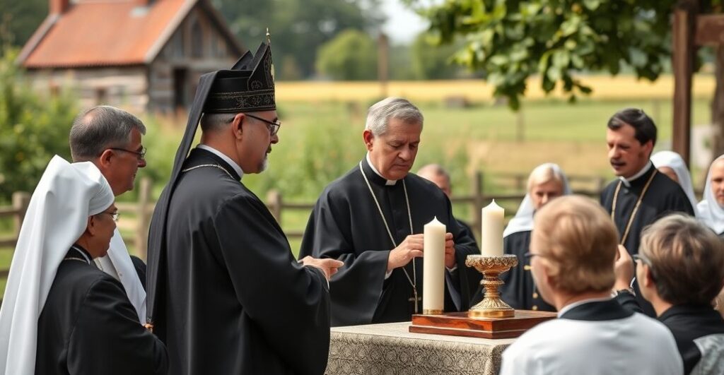 Katolicki ksiądz odprawiający tradycyjną Mszę św. w wiejskiej scenerii, z powagą i skupieniem, ukazujący autentyczną liturgię w duchu katolickim