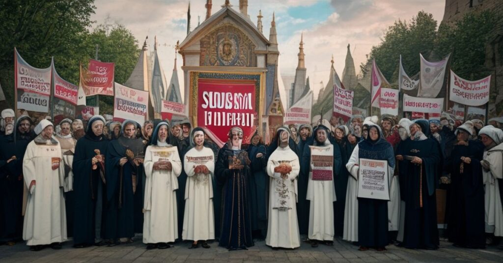 Tradycyjna katolicka manifestacja w Częstochowie przed Klasztorem na Jasnej Górze. Grupa wierzących trzyma transparenty z napisami "Sodomia jest grzechem" i "Pomścij nam, Boże, krzywdy nasze" w obecności wizerunku Matki Boskiej Częstochowskiej.