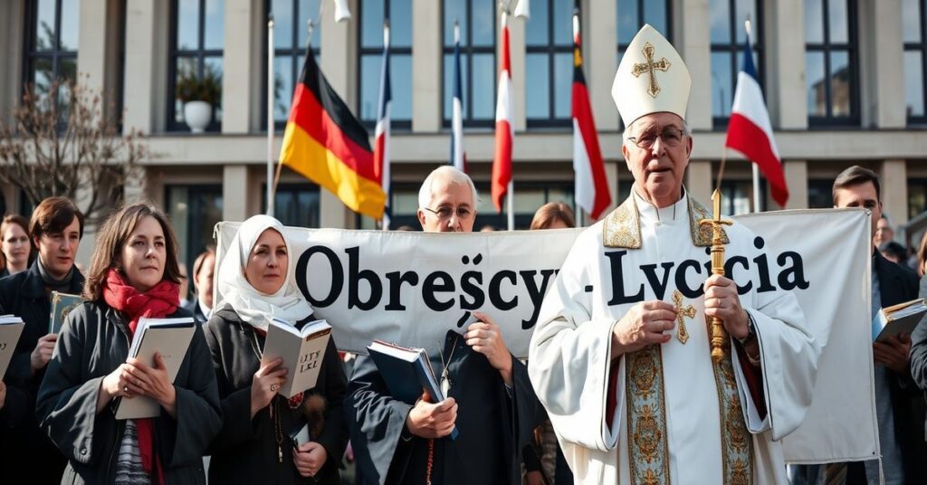 Grupa katolików uczestniczących w tradycyjnej manifestacji pro-life przed europejskim uniwersytetem.