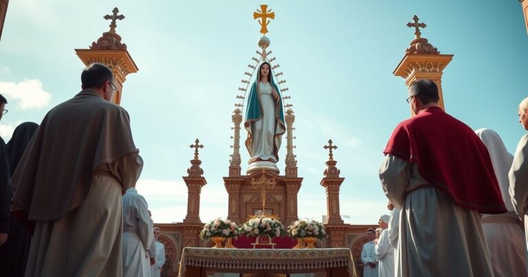 Obraz wiernych modlących się przy tradycyjnym ołtarzu z figurą Maryi na historycznym sanktuarium, ukazujący katolicką pobożność i szacunek
